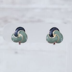 Vintage Clip On Earrings 0.25" Dainty Muted Green & Dark Blue Classy